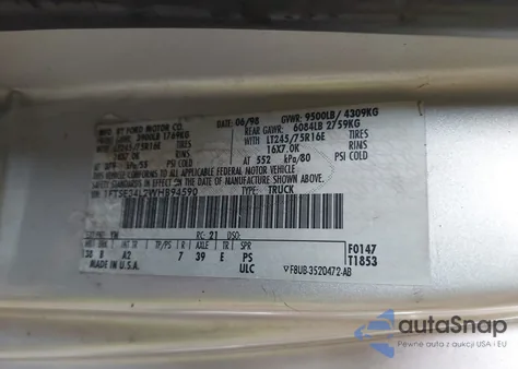 1998 Ford E-350 Commercial/Recreational from USA, damaged, VIN 1FTSE34L2WHB94590